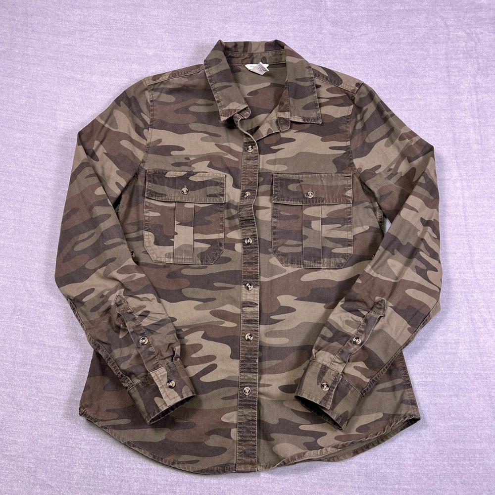 Forever 21 Camo Roll Tab Sleeve Button Down Shirt Women Small Green Cotton